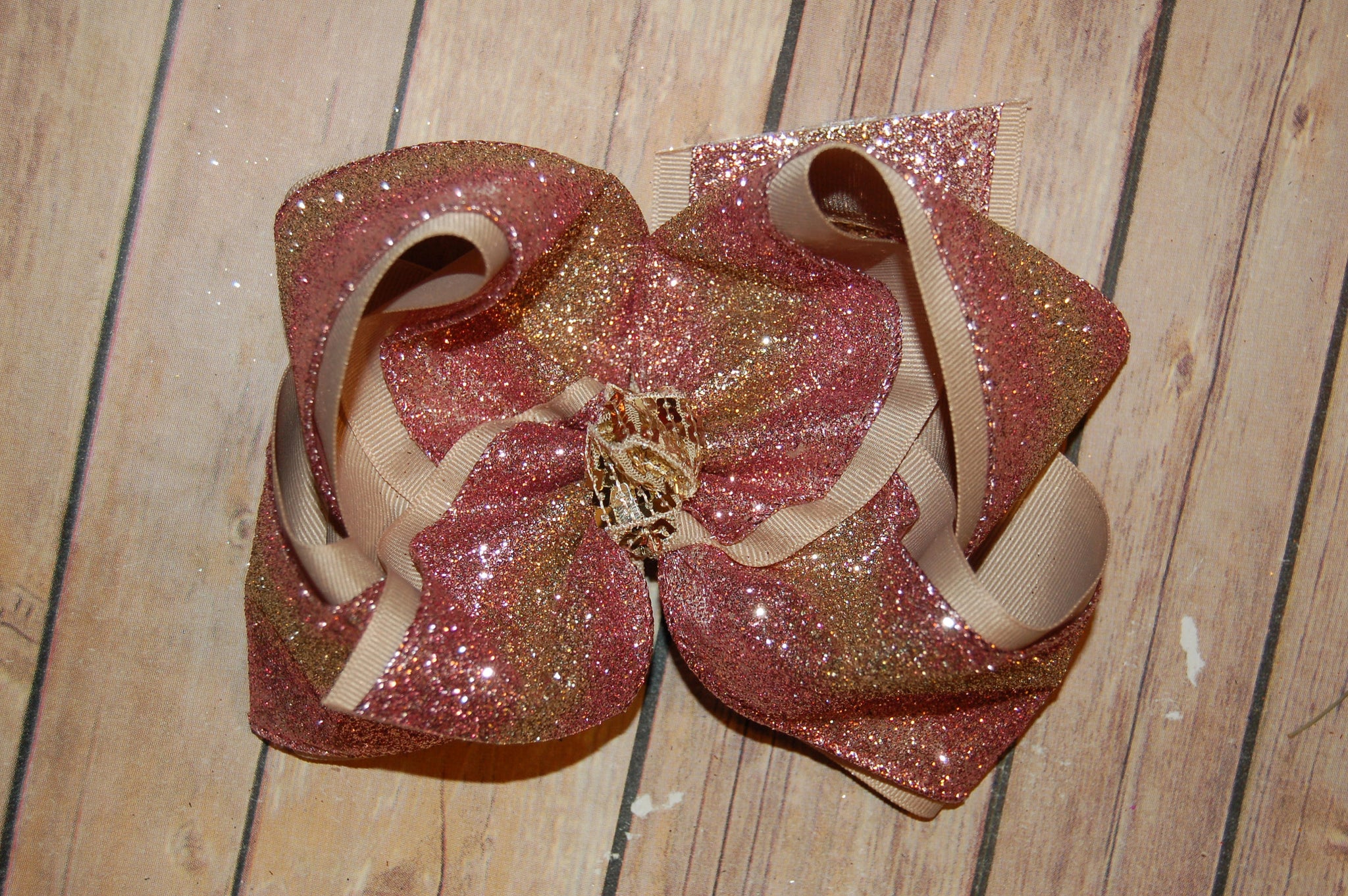SSD Pink & Gold Rose Ombre Glitter Hair Bow
