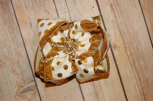 Gold Cream Dot Triple Glitter Hair Bow