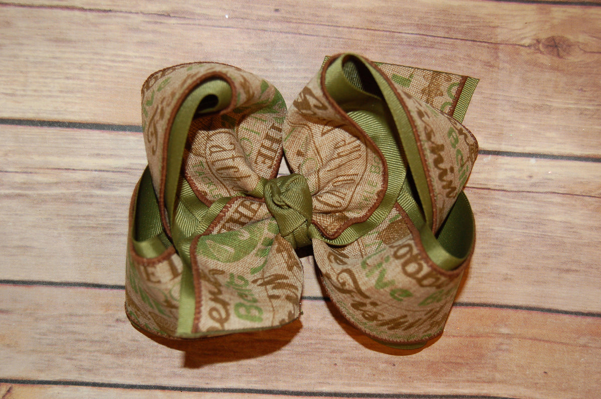 Fishing Brown Olive Canvas Hair Bow