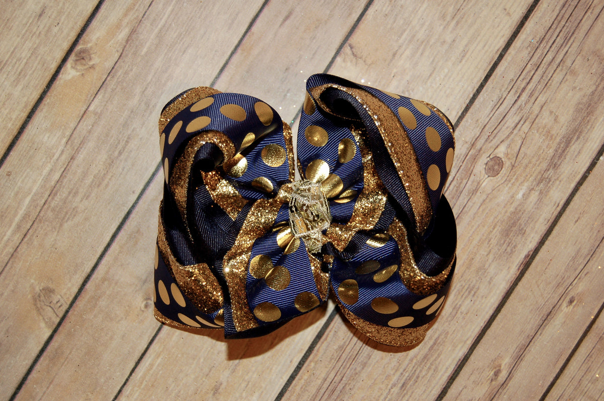 Navy Gold Dot Triple Glitter Hair Bow
