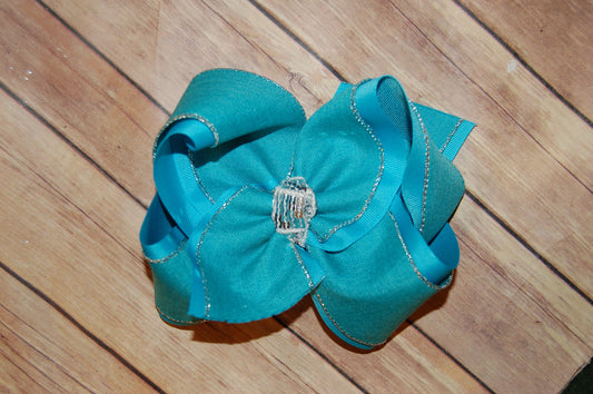 Turquoise Aqua Silver Edge Metallic Canvas Hair Bow