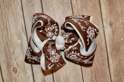 Brown White Deer Hunting Canvas Hair Bow
