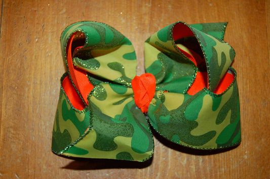 Camoflage Glitter & Neon Orange Hair Bow
