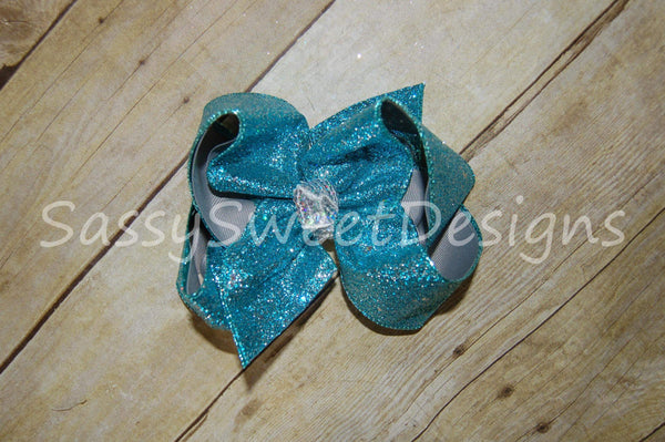 Turquoise Solid Glitter Hair Bow