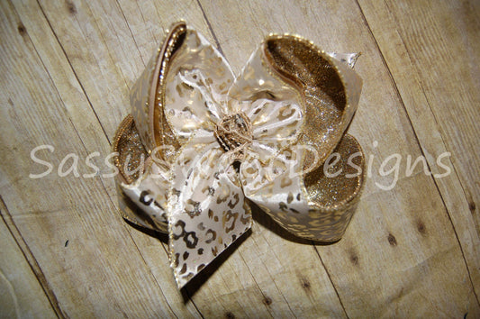 Cream Gold Leopard Glitter Hair Bow