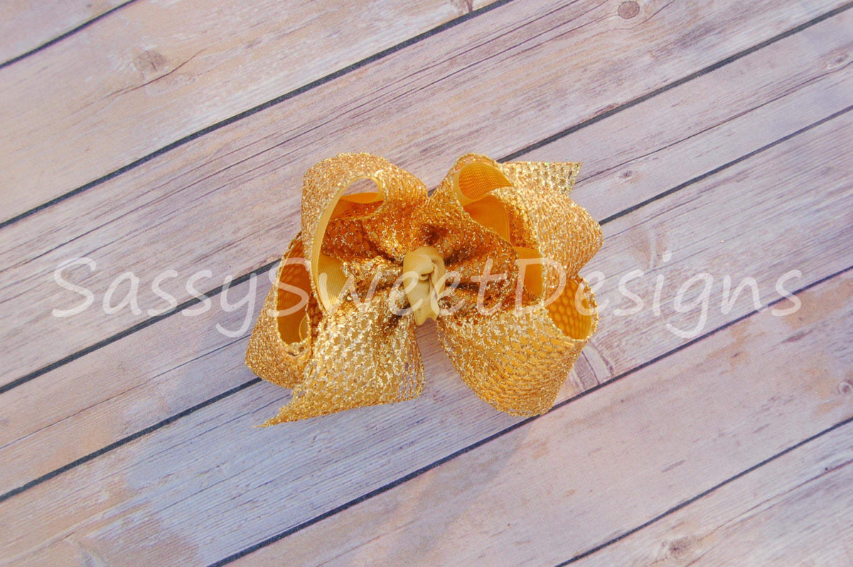Mustard Gold Glitter Mesh Hair Bow