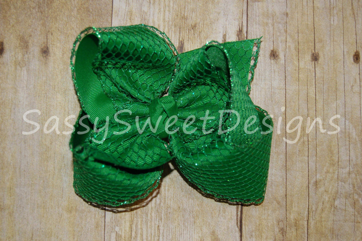 Emerald Green Glitter Mesh Hair Bow