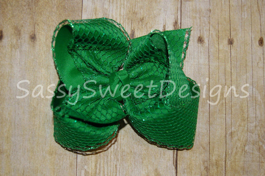 Emerald Green Glitter Mesh Hair Bow