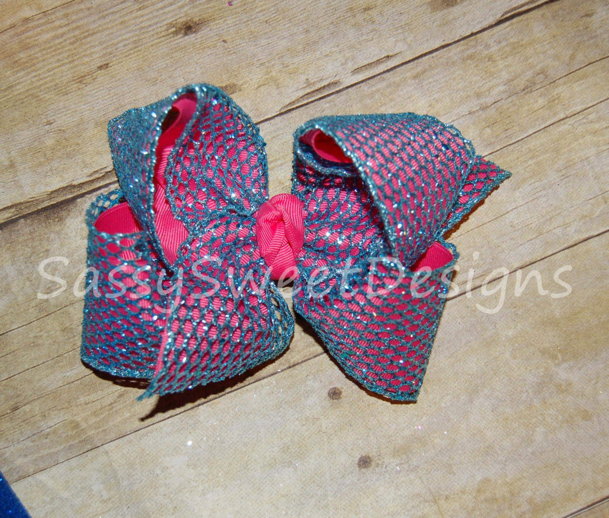 Aqua Glitter Mesh Hair Bow