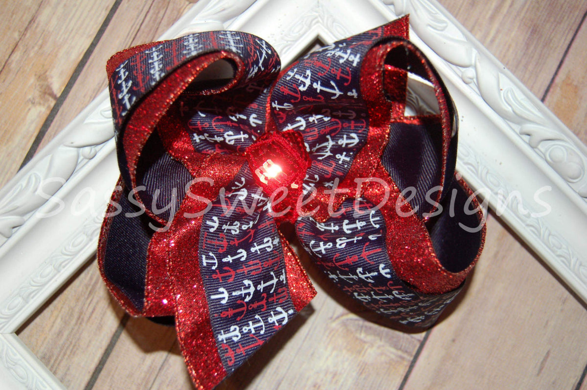 Navy Anchor Triple Glitter Hairbow
