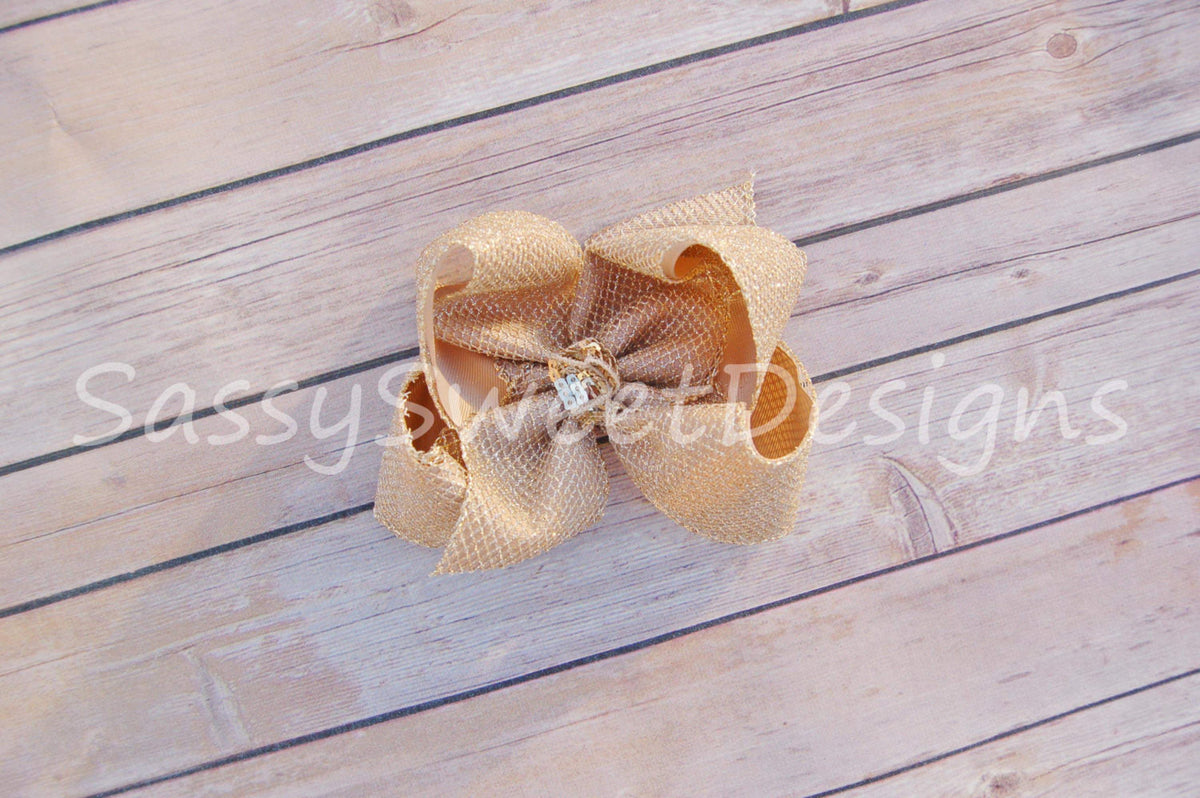 Champagne Glitter Mesh Hair Bow