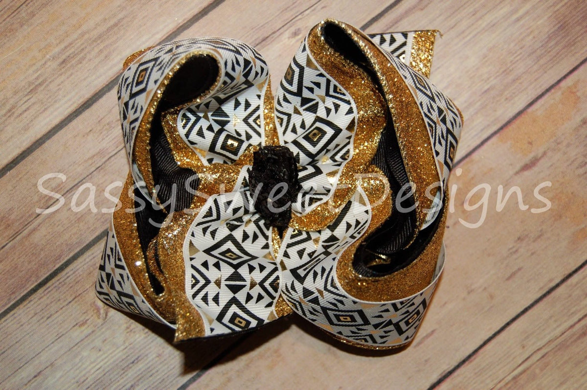 Gold and Black Metallic Glitter Aztec TRIPLE Hair Bow