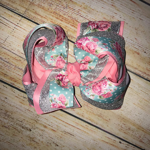 Floral Dot Shell Pink Sage Aqua Double or Triple Glitter Hair Bow